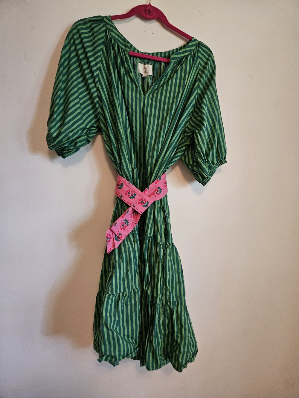Printfresh Striped Short Sleeve Tiered Dress with Pink Belt - Picture 3 of 7